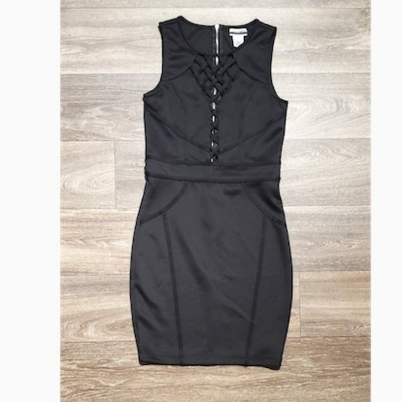 LATTICE BODYCON MINI BLACK DRESS - Picture 1 of 11